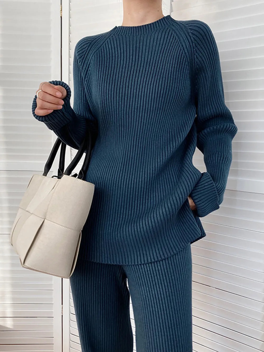 Mock Neck Raglan Sleeve Top and Pants Sweater Set French Blue One Size - Fashorio