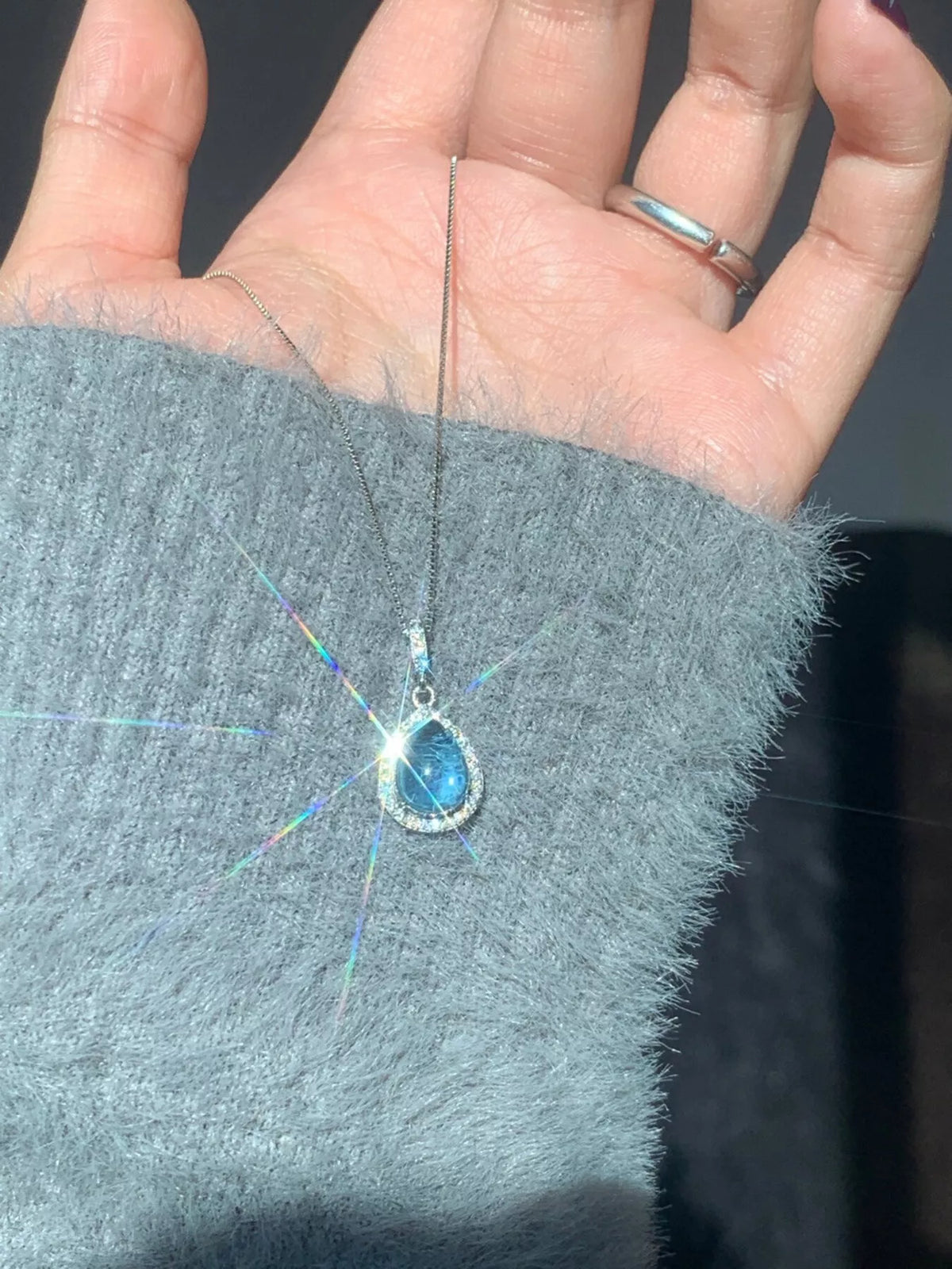 Crystal teardrop pendant sterling silver necklace, full length view