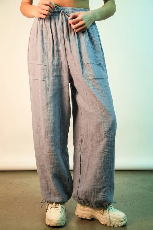 VERY J Wide Leg Gauze Solid Pants Denim - Fashorio