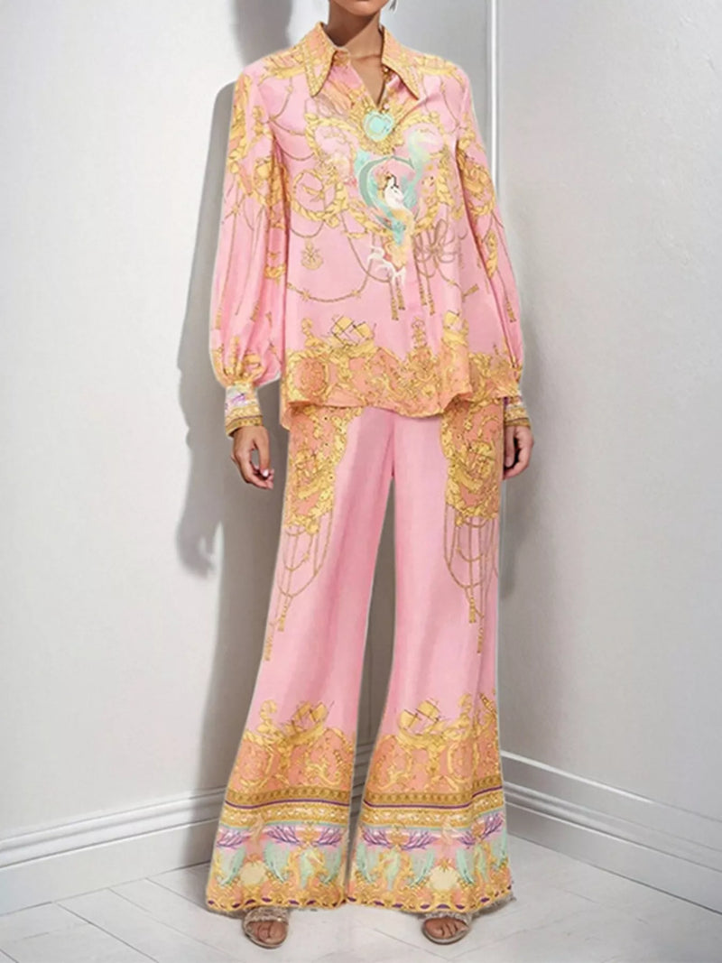 Printed lantern sleeve top and pants set front view