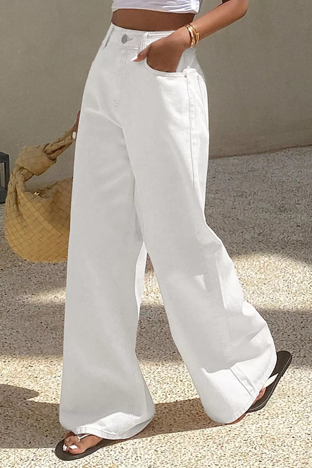 White wide leg jeans full length view