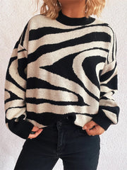 Zebra Print Round Neck Sweater Beige One Size - Fashorio