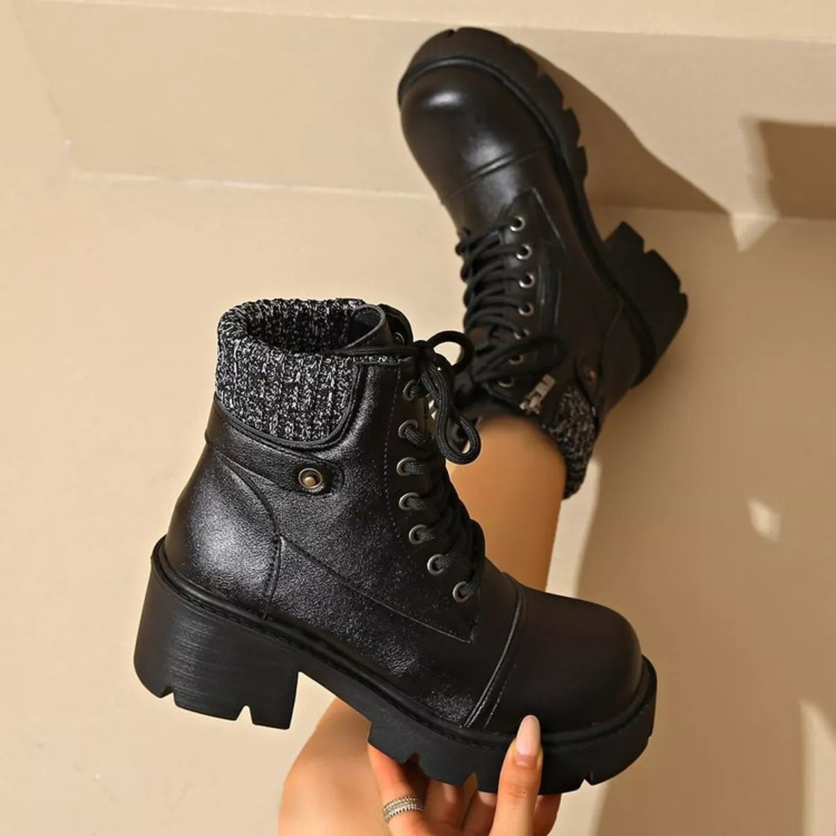 Round Toe Block Heel Boots close up of the upper