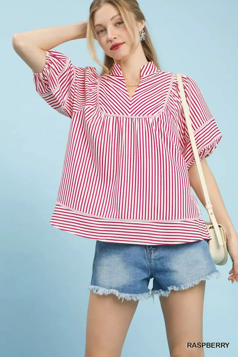 Raspberry striped puff sleeve babydoll top front view