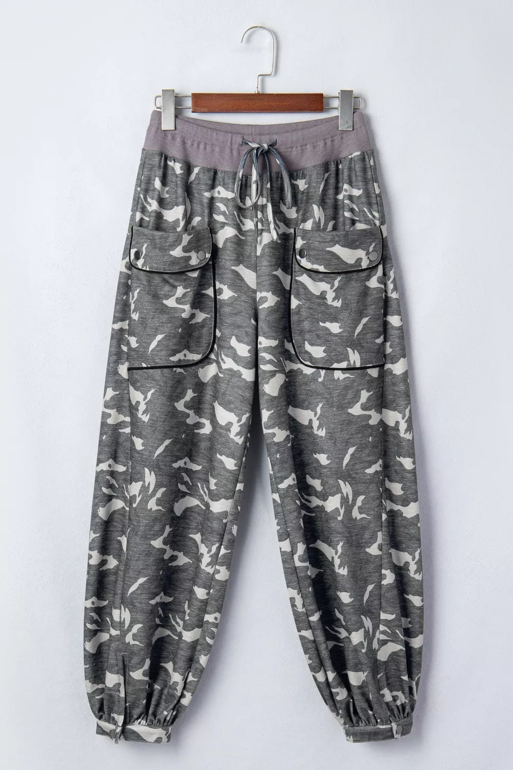 Camouflage cargo barrel pants close up view