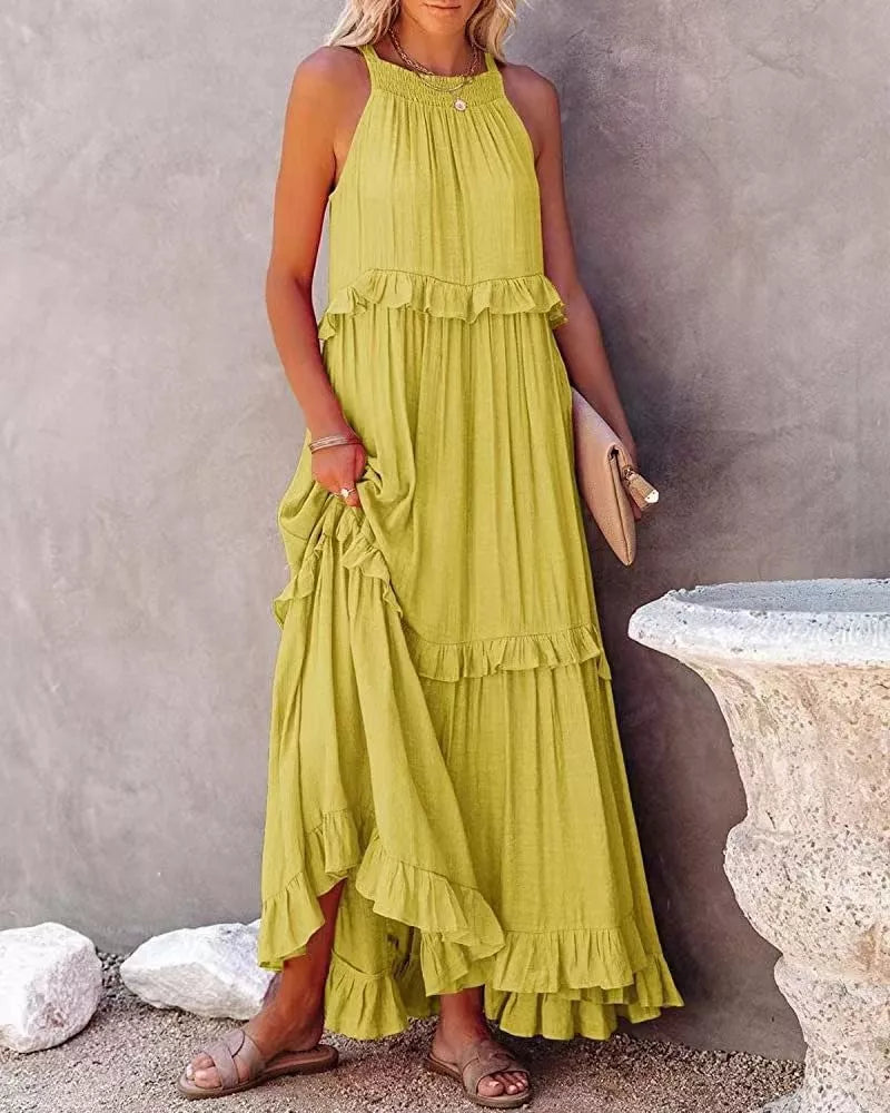 Ruffled tiered sleeveless maxi dress styled view