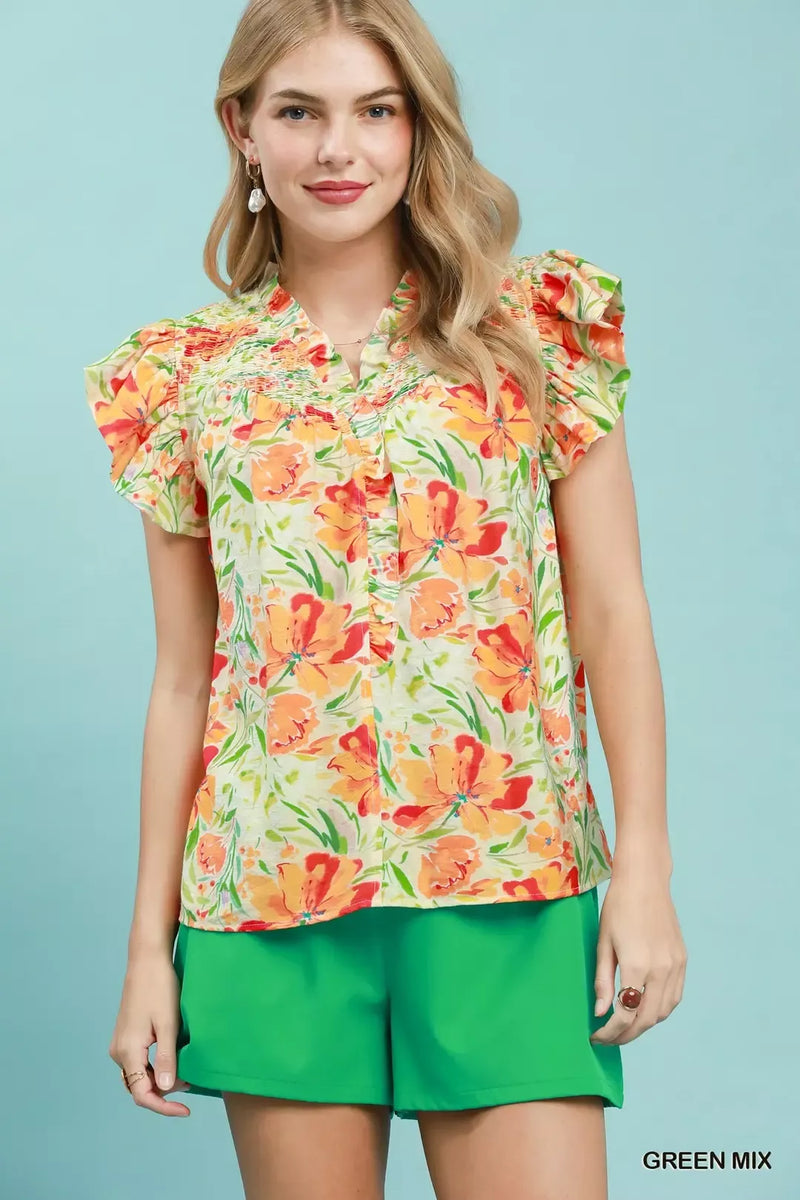Green floral Umgee ruffle sleeve blouse front view