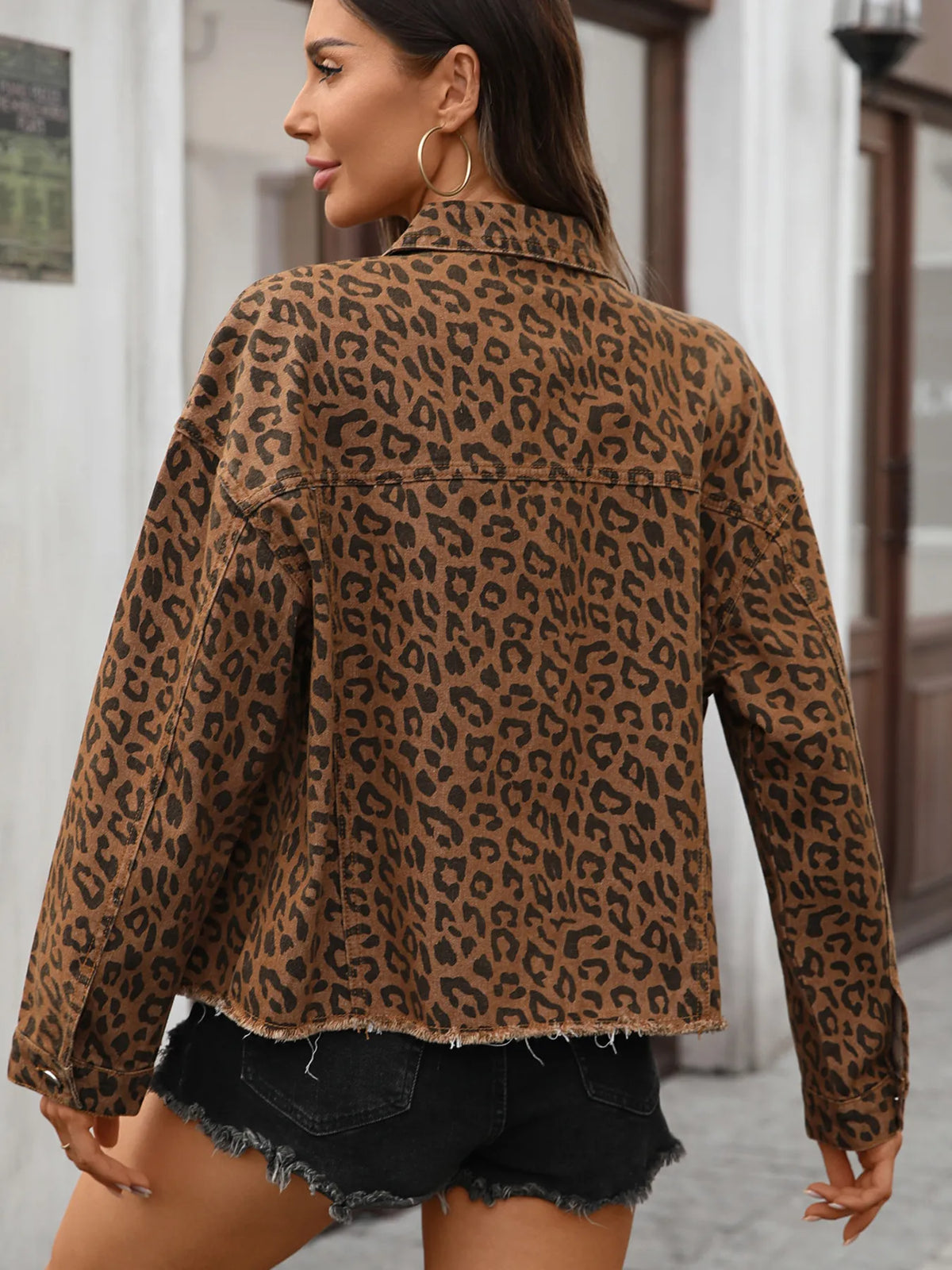 Leopard Print Raw Hem Denim Jacket side view