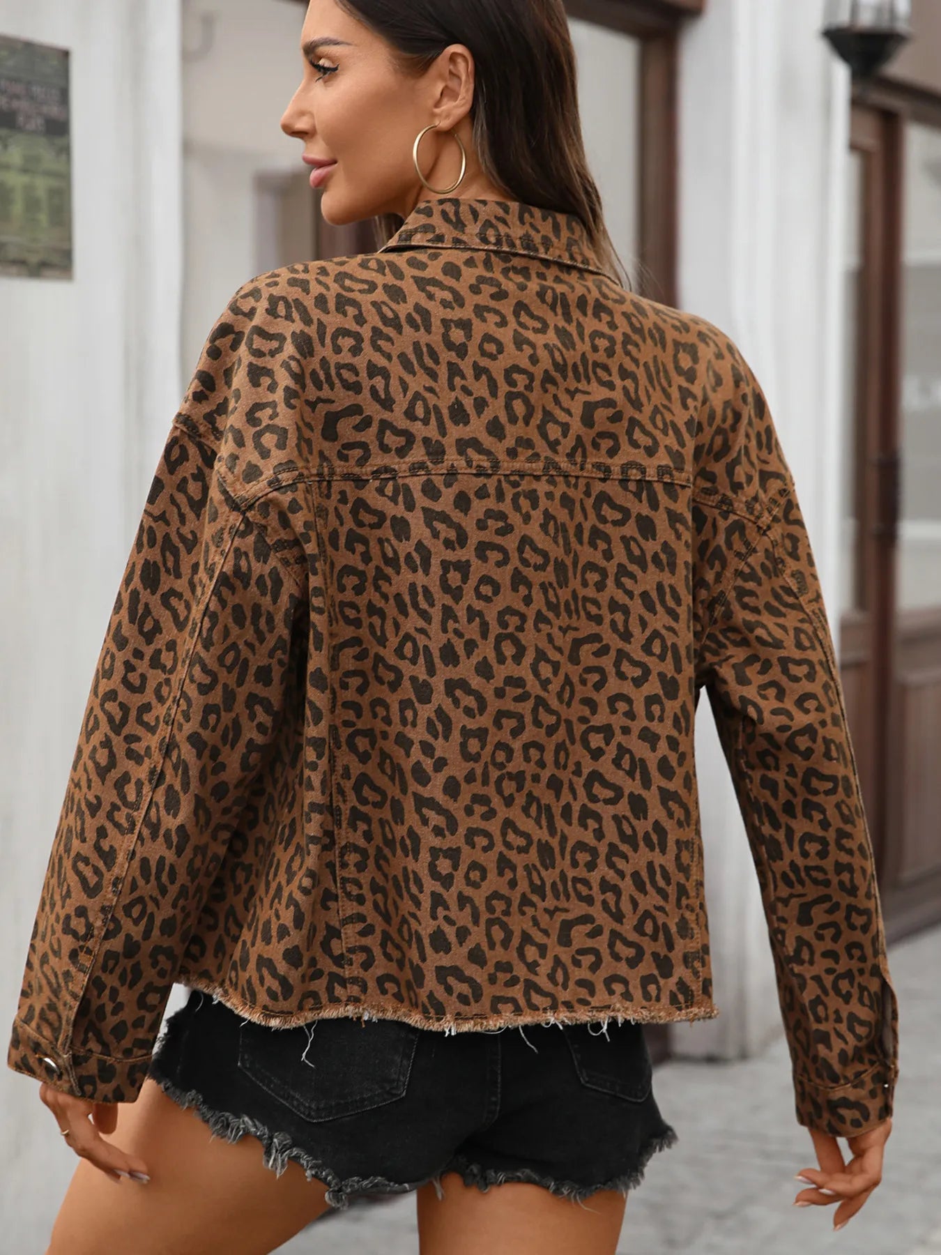 Leopard Print Raw Hem Denim Jacket - Fashorio