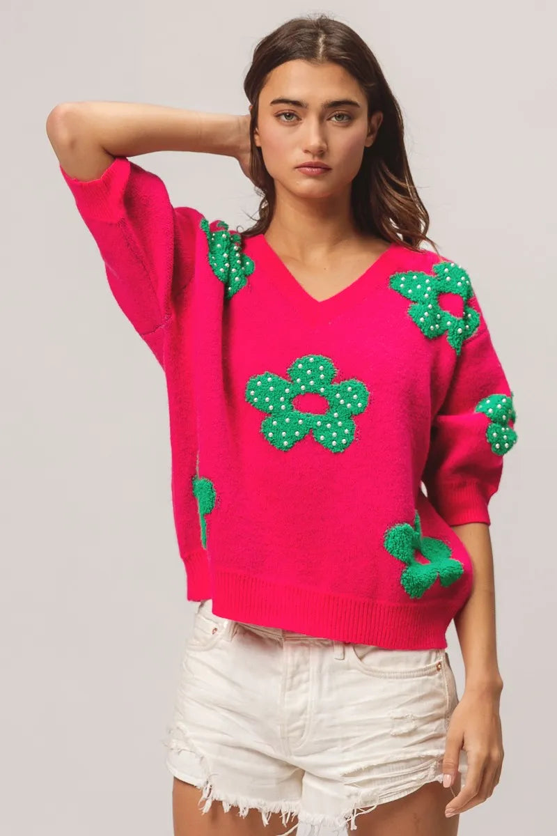 BiBi Pearl Beads Flowers Sweater Top - Fashorio