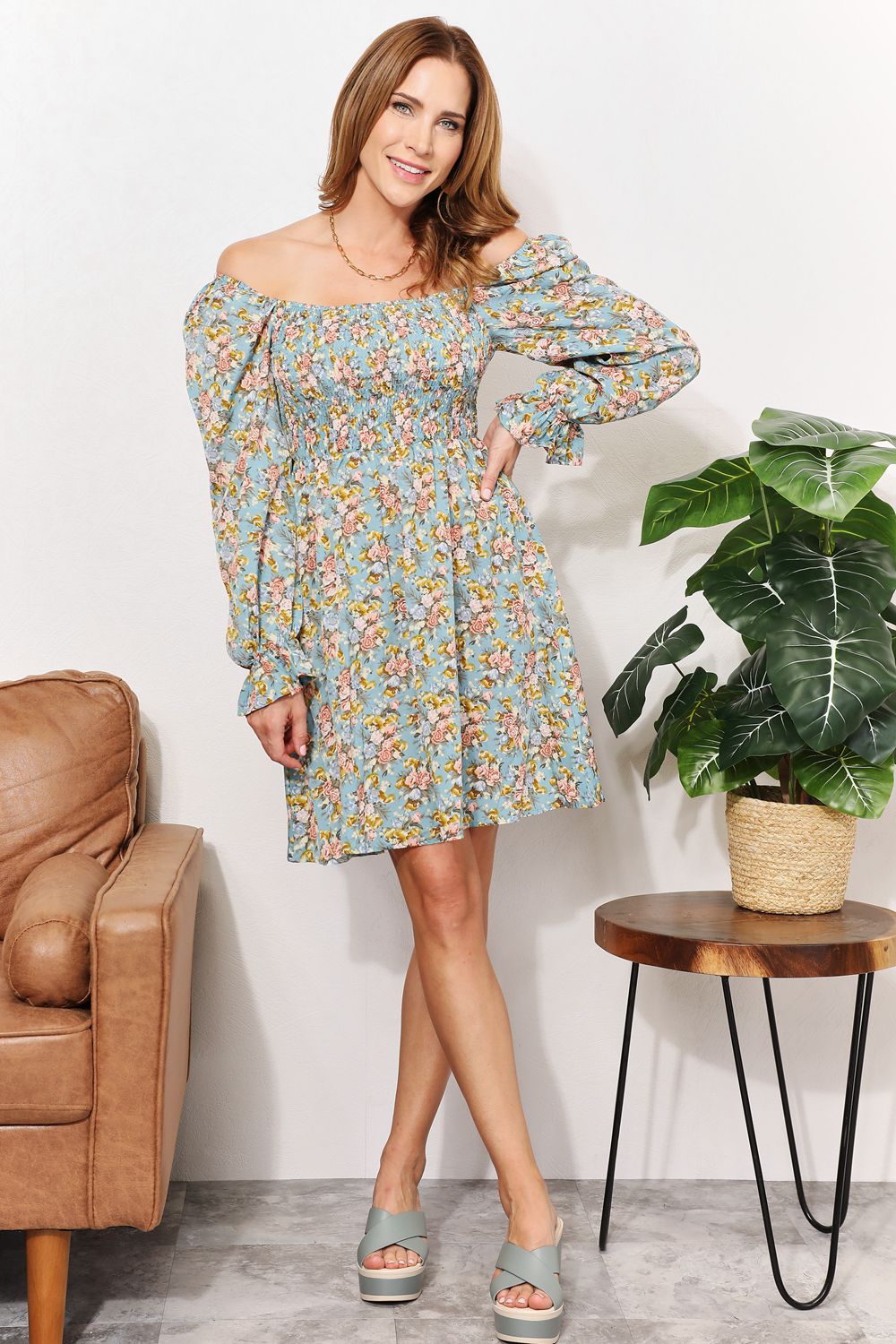 Honey Floral Smocked Flounce Sleeve Square Neck Dress on model