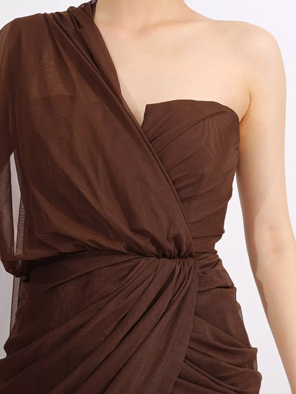 Coffee brown one shoulder flowy mesh midi dress, styled look