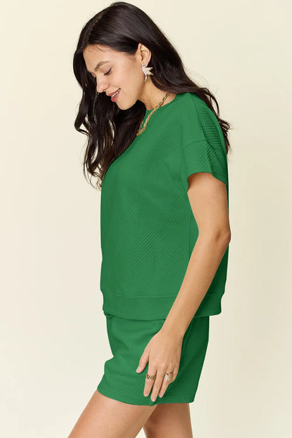 Double Take Full Size Texture Short Sleeve T-Shirt and Drawstring Shorts Set - Fashorio
