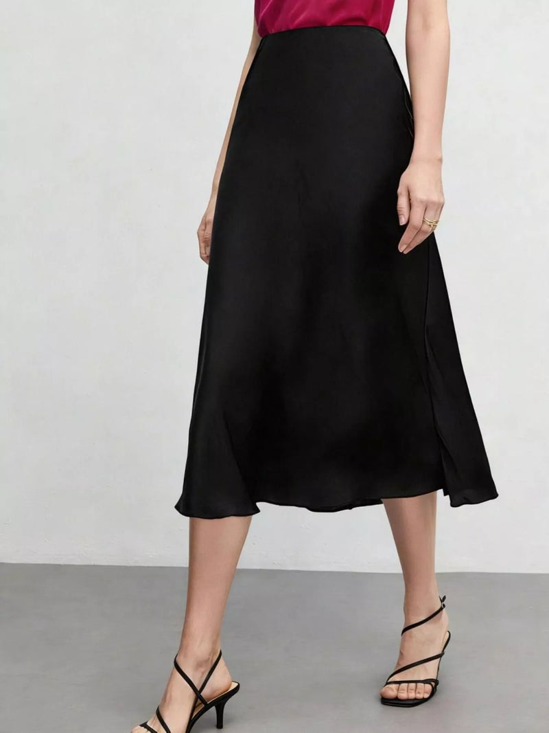 Black high waist midi skirt, front view