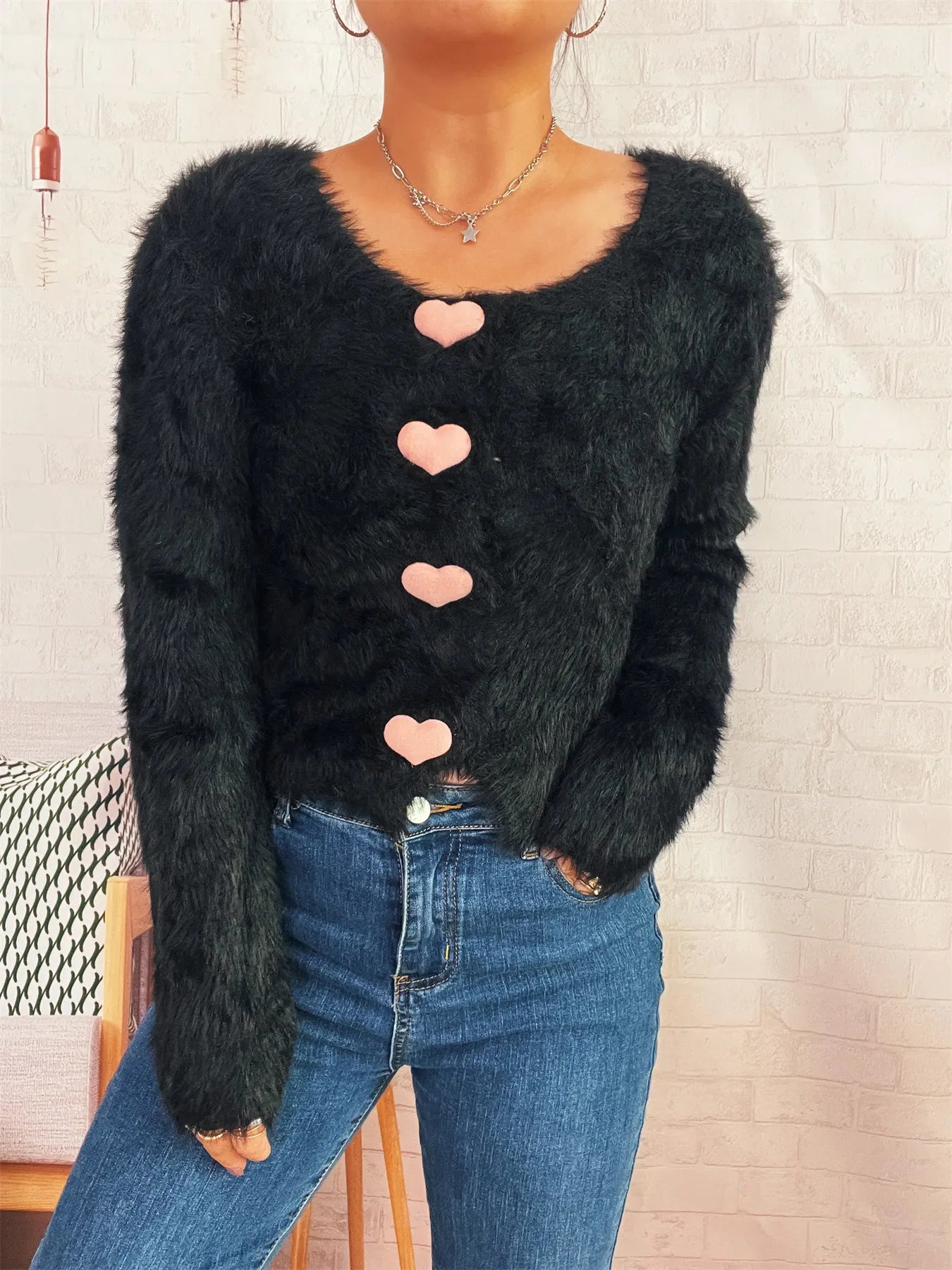 Fuzzy Heart Shape Button-Up Cardigan Black One Size - Fashorio