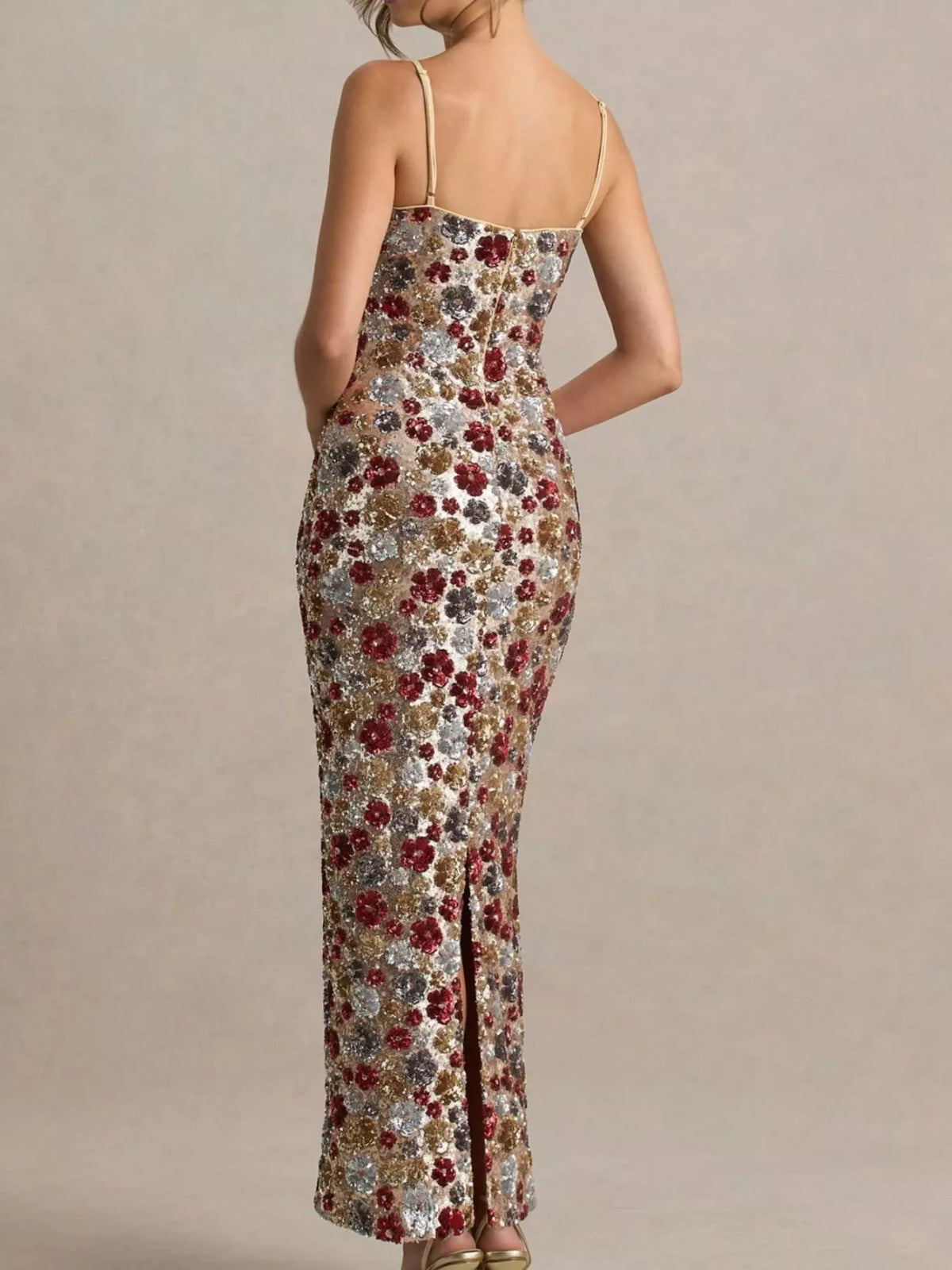 floral sequin bodycon maxi dress in multicolor back view