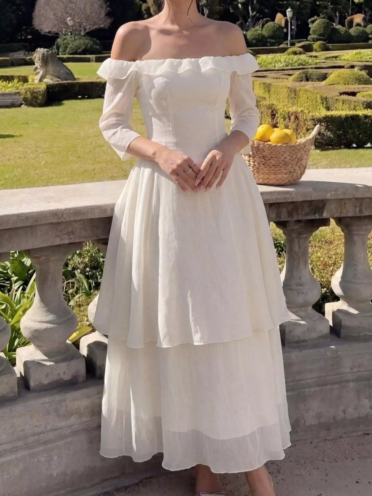 Cream off shoulder layered ruffle midi dress front view