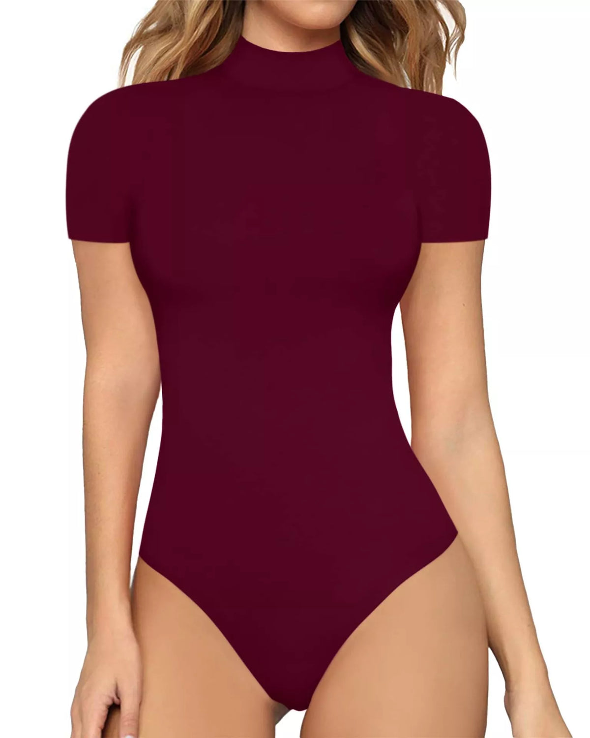Mock neck short sleeve bodysuit back detail view