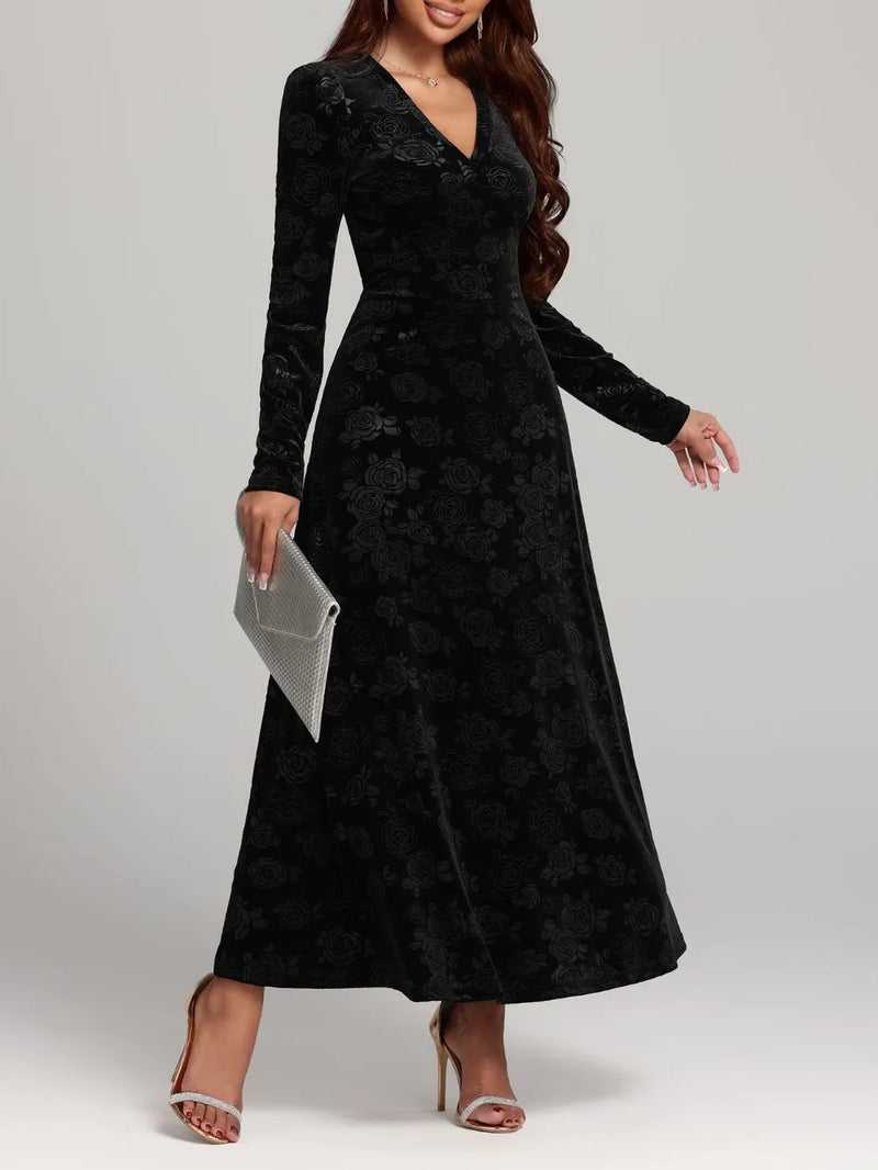 Rose Print V Neck Long Sleeve Dress front view