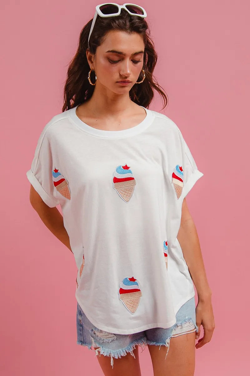 BiBi Solid Terry With Fourth Of July Theme Patched Top - Fashorio