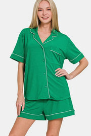 Zenana Button Down Short Sleeve Top and Shorts Lounge Set K Green - Fashorio