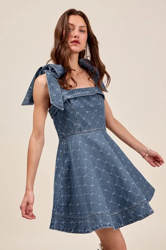 SO ME A Line Fit and Flare Diamond Bow Ribbon Denim Dres - Fashorio