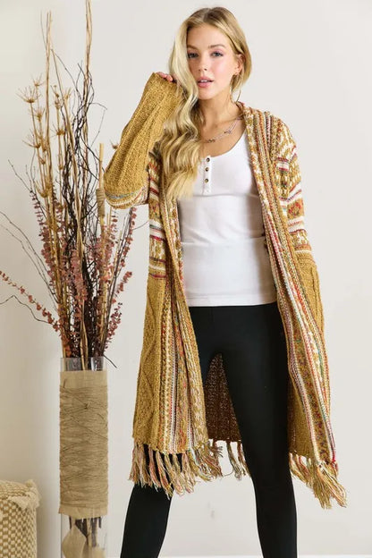 Fringe Hem Aztec Cardigan MUSTARD - Fashorio