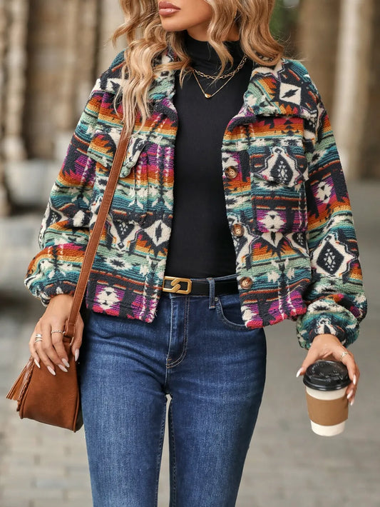 Geometric Dropped Shoulder Balloon Sleeve Outerwear Multicolor - Fashorio