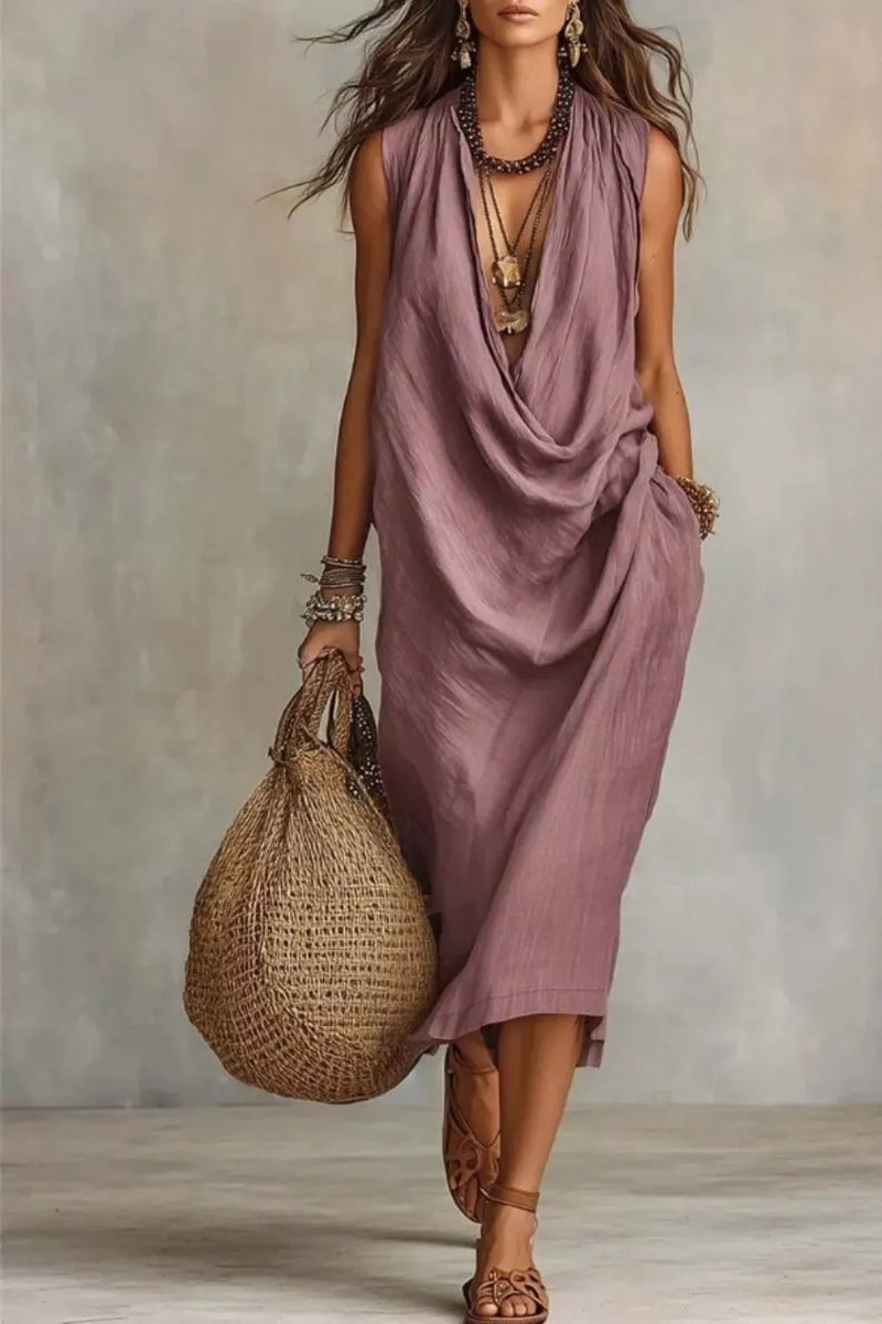 Sleeveless drape cowl neck midi dress front view