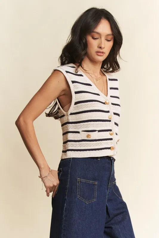 Striped Cropped Sweater Vest Top in White side view