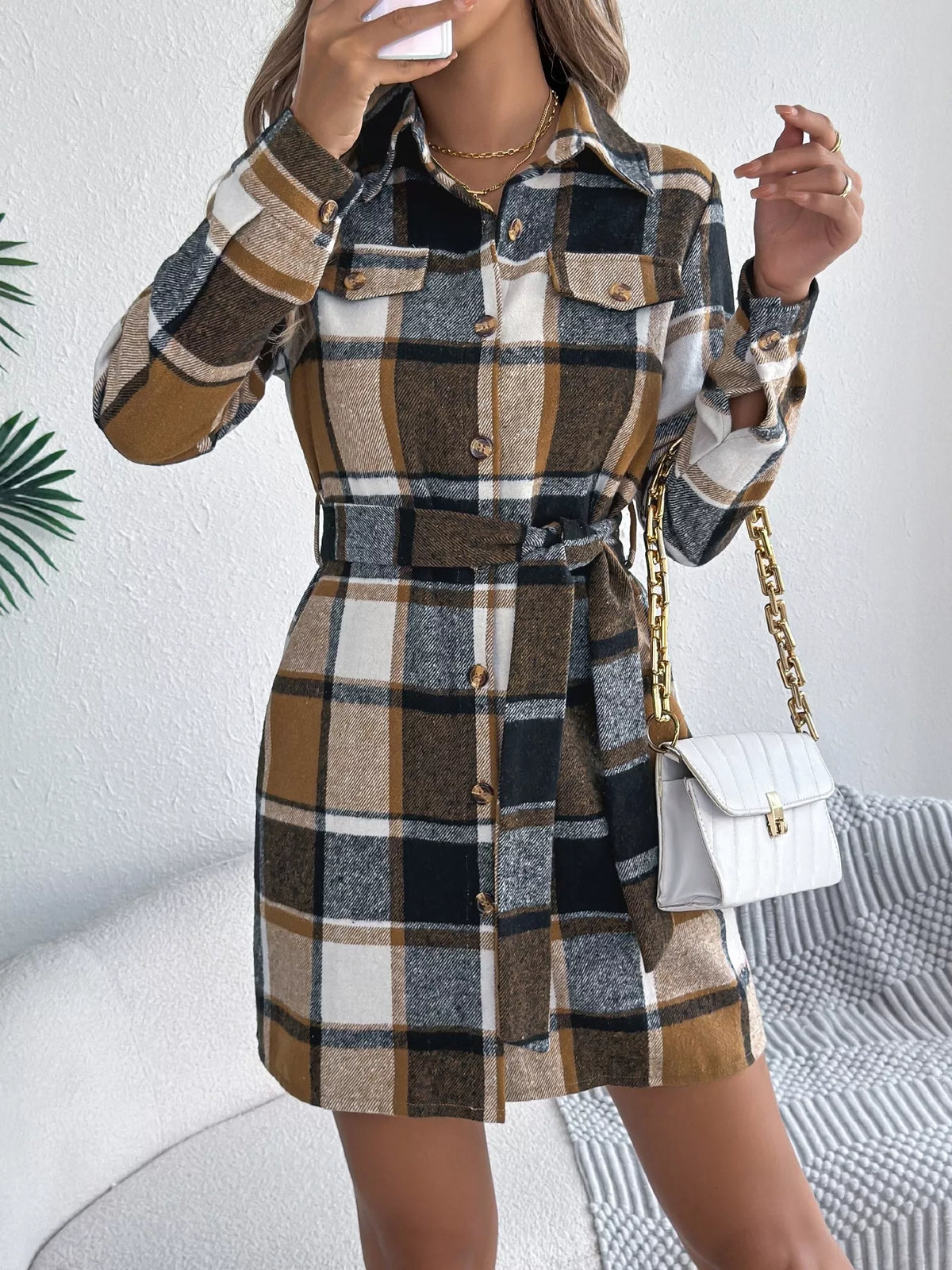Plaid Tie Waist Shirt Dress in Green view 9