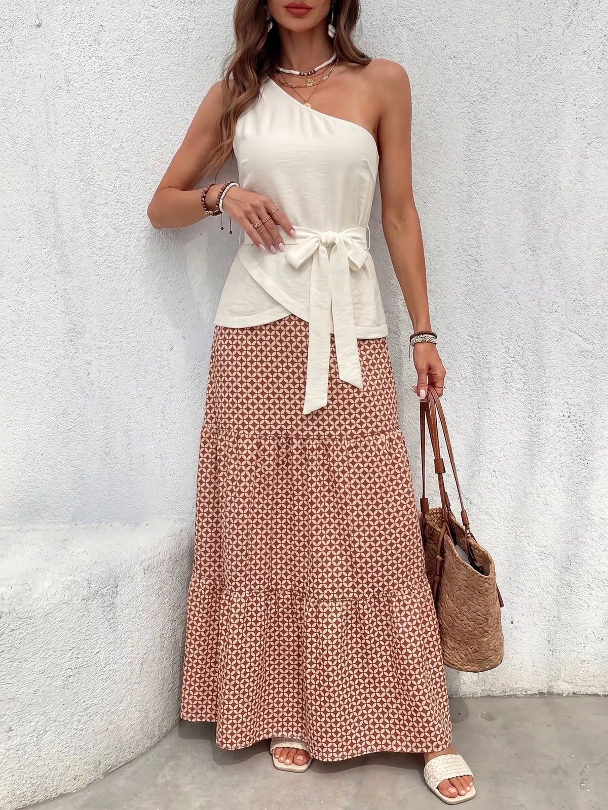 One Shoulder Top and Geometric Print Maxi Skirt Set, view 6