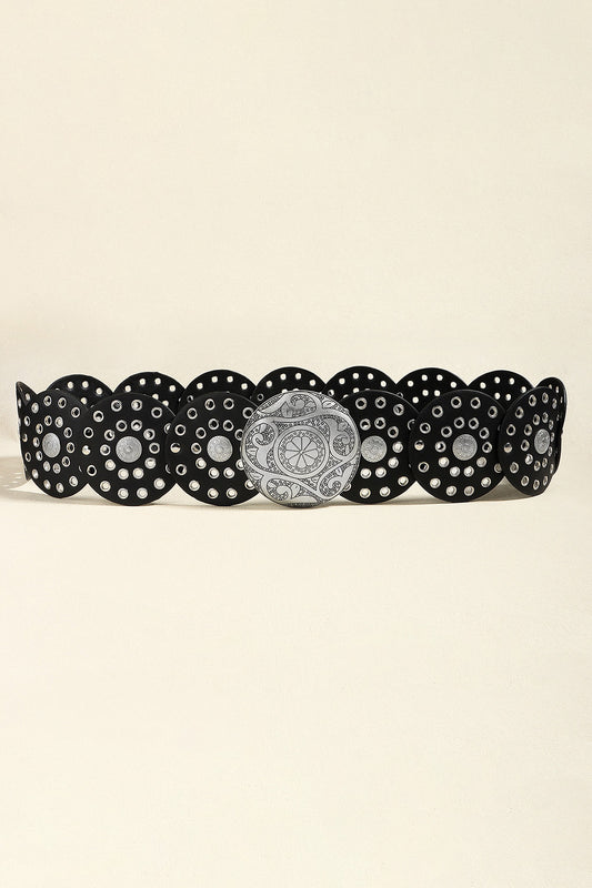 Vintage PU Leather Wide Belt Silver Black One Size - Fashorio