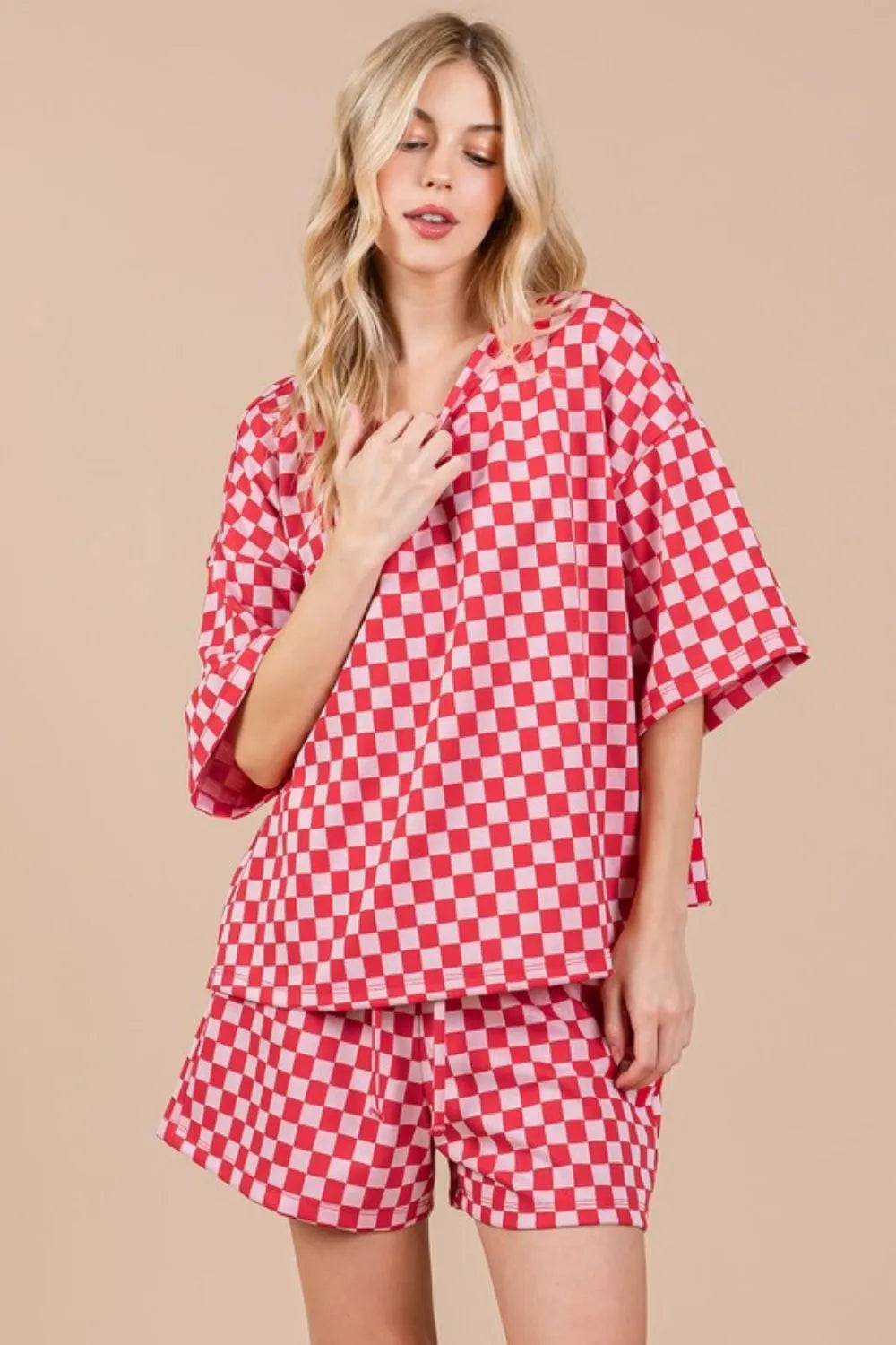Ces Femme Checkered Round Neck Top and Shorts Set - Fashorio