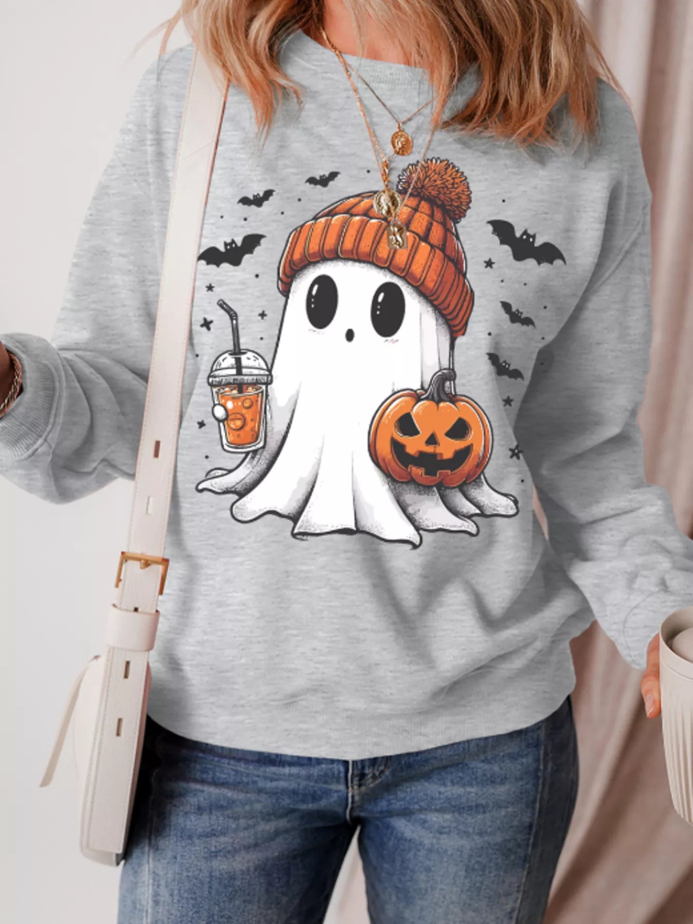 Halloween Ghost Round Neck Sweatshirt - Fashorio