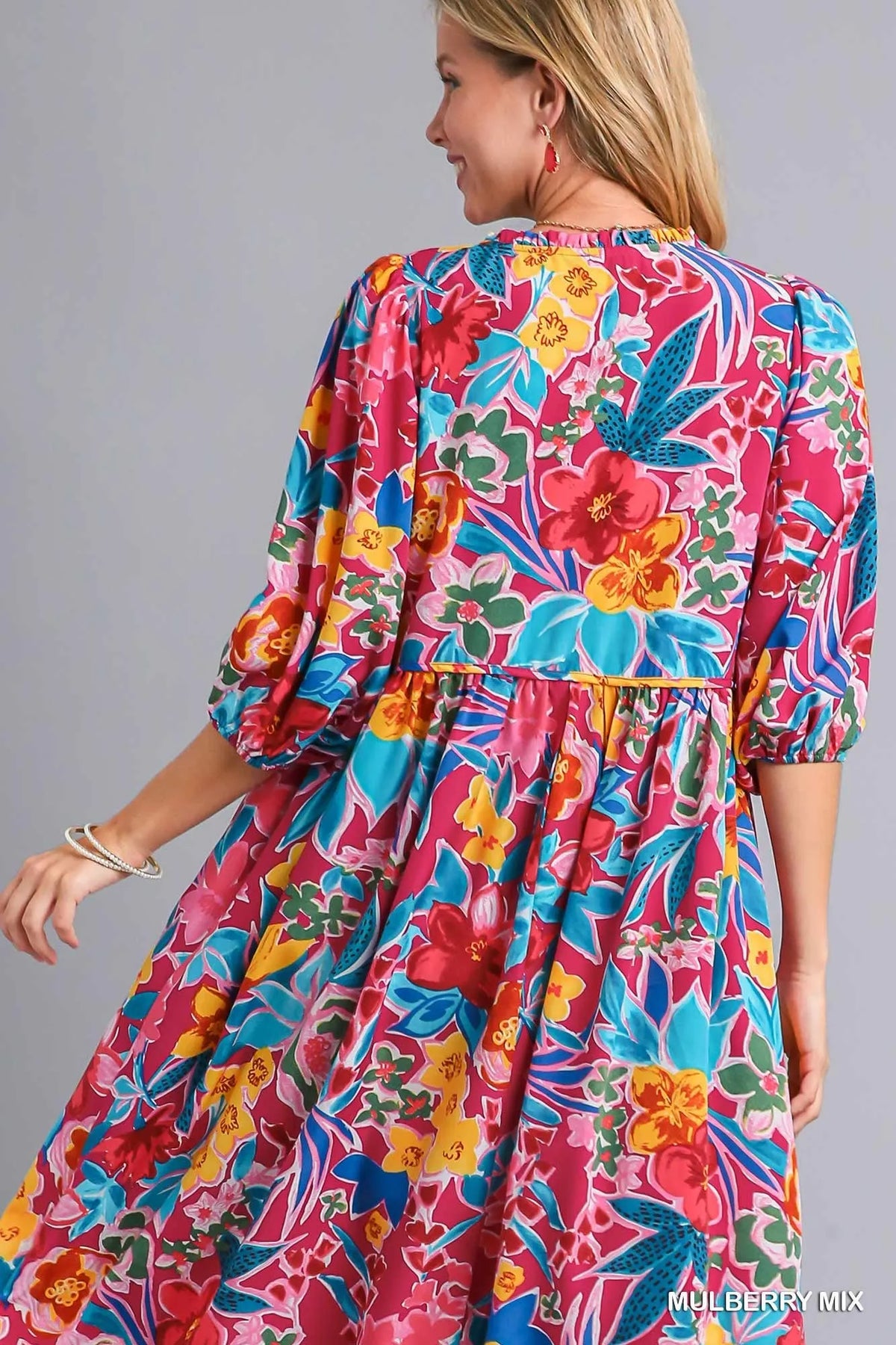 Floral Print Tie Neck Midi Dress with Pockets detail