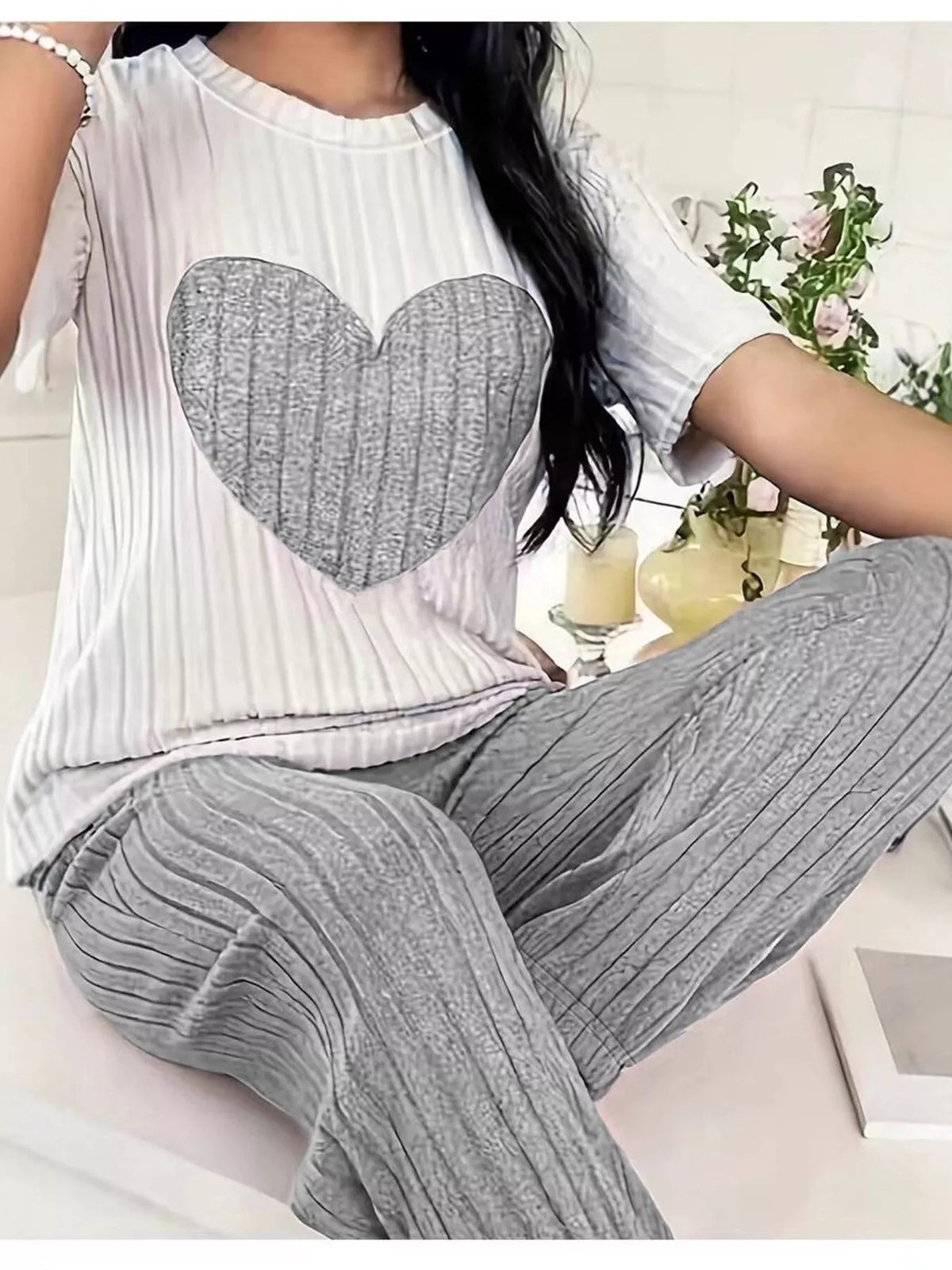 Heart ribbed knit two piece set side view