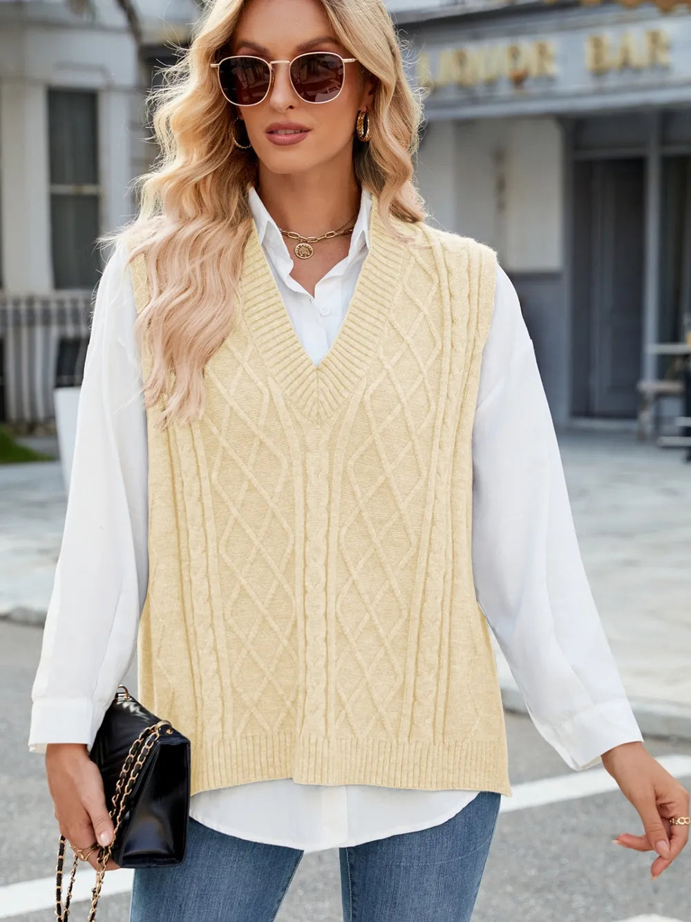 Cable Knit V Neck Sweater Vest in Gray view 16