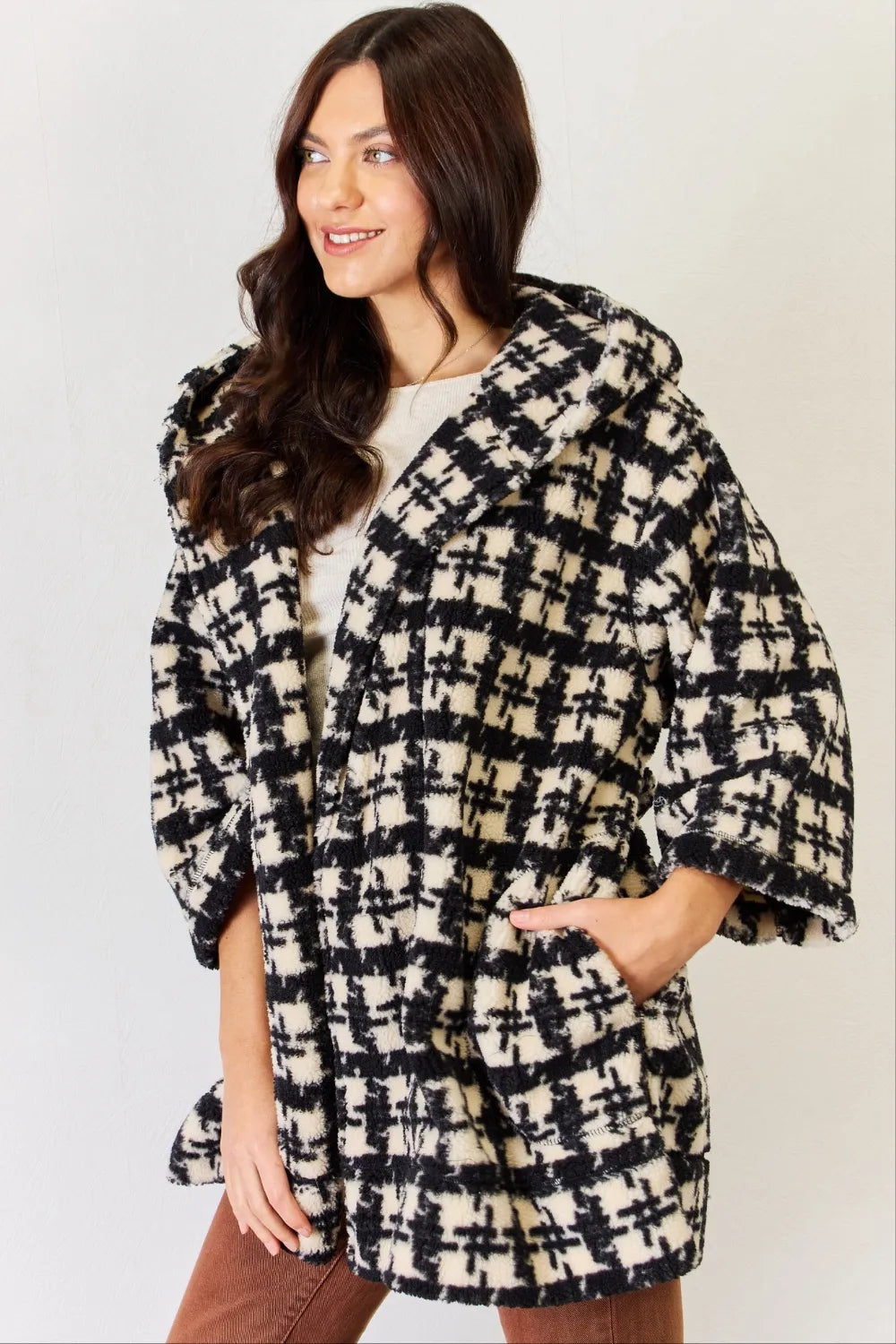 J.NNA Fuzzy Plaid Waist Tie Hooded Robe Cardigan - Fashorio
