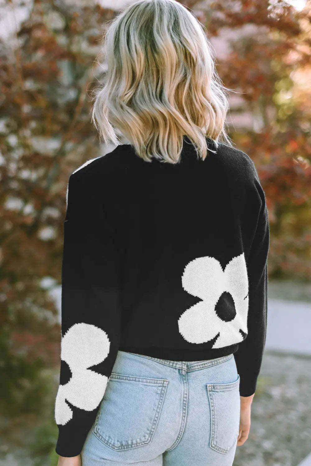 Round Neck Floral Pattern Color Contrast Design Long Sleeve Sweater - Fashorio