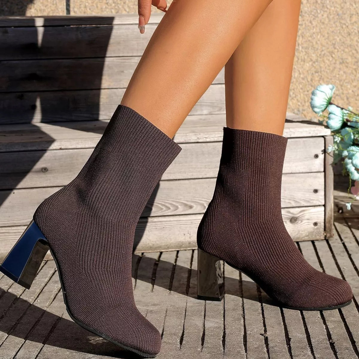 Round Toe Mesh Block Heel Boots back view