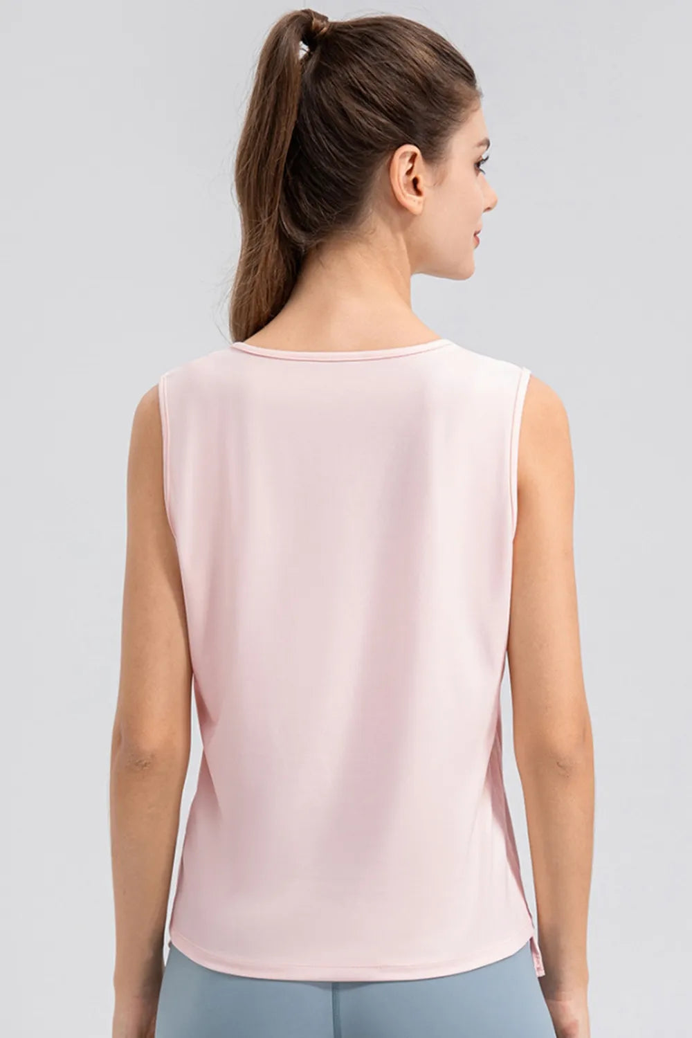 Notched neck wide strap active tank profile view