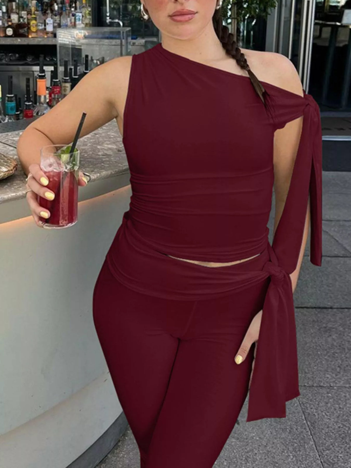 Asymmetrical One Shoulder Top and Capri Two Piece Set, view 14