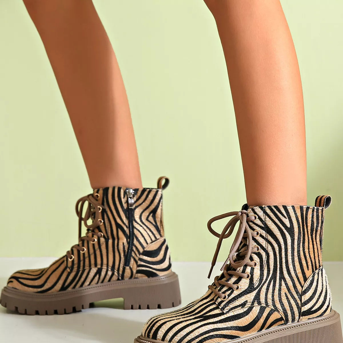 Animal print lace up ankle boots shaft detail