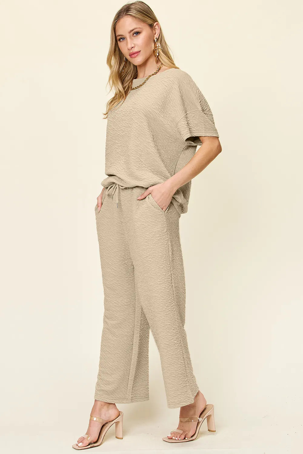 Two piece top and pants set side view showing relaxed fit