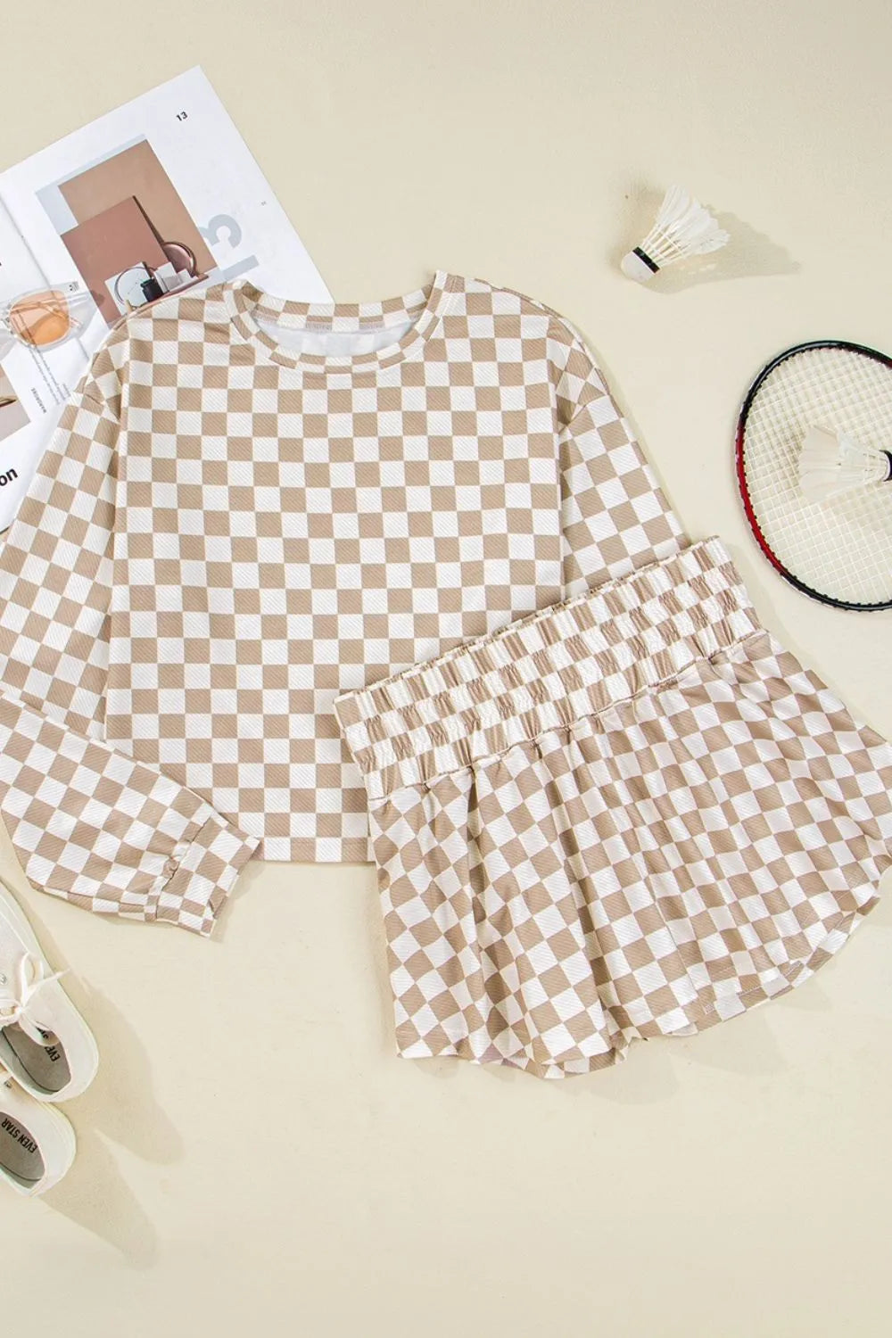 Checkered Long Sleeve Top and Skirt Two Piece Set close up