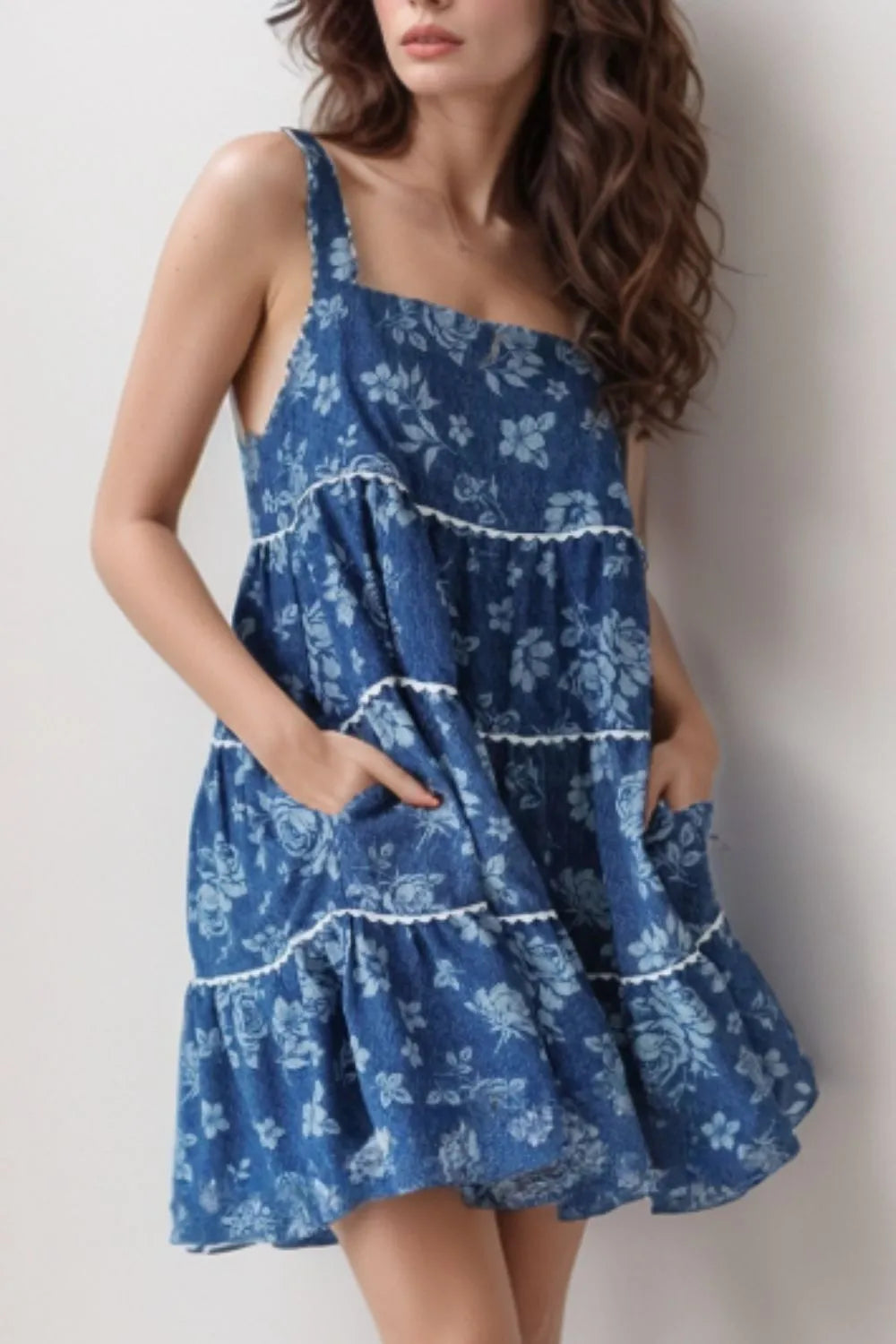 Floral tiered denim dress front view