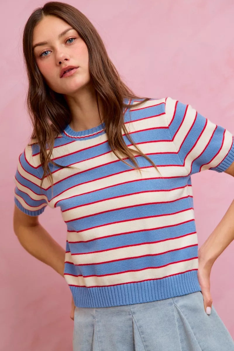 Blue red striped sweater top back view