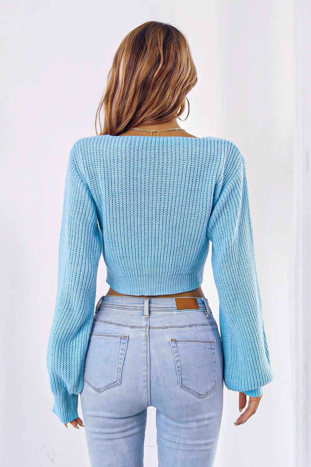Bow V-Neck Long Sleeve Cropped Sweater - Fashorio