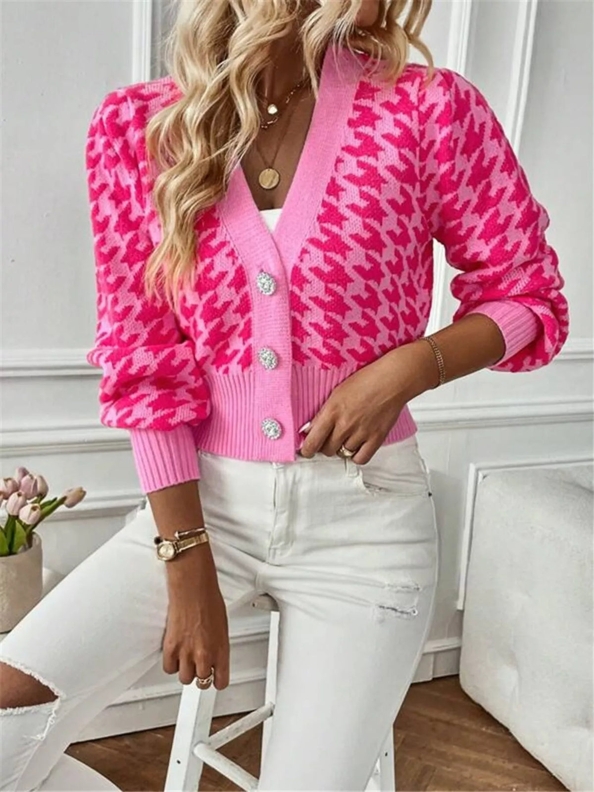 houndstooth v neck button up cardigan neckline detail